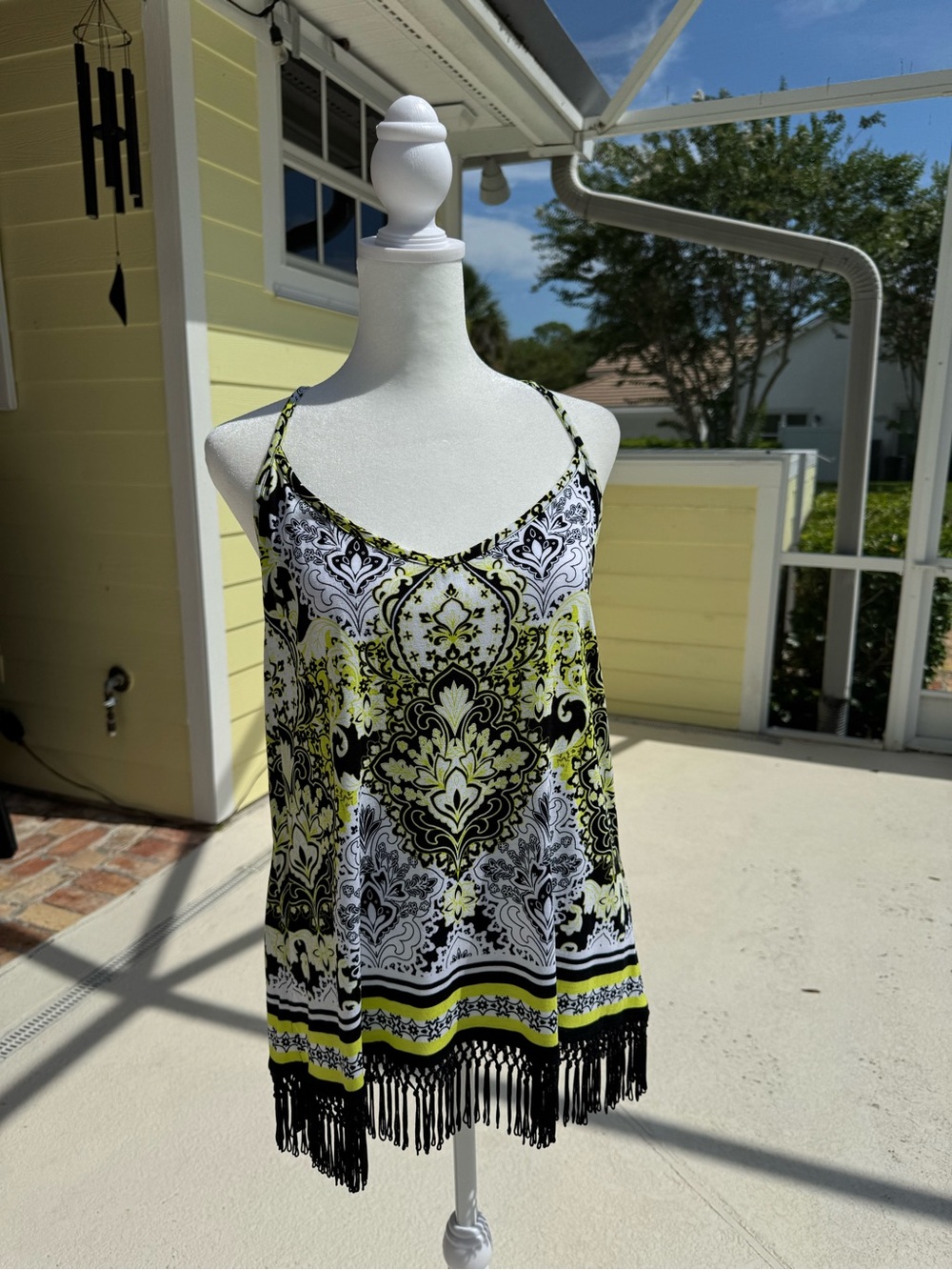 INC International Concepts Fringed top in Yellow, Black & White